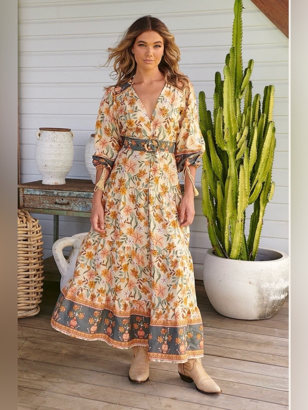 Jaase Cream Maxi Dress with Green and Rust Floral Border